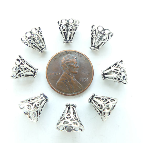 Indian Silver, Cones Vintage Filigree, 10x10mm, Sold in Sets of 4
