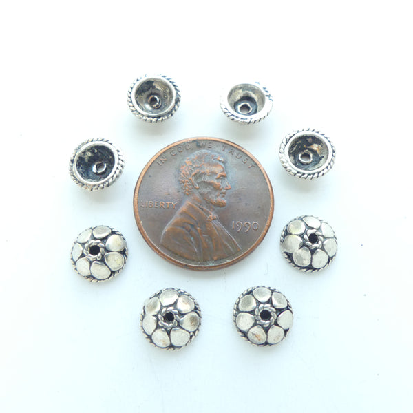 Indian Silver, Bead Caps, Vintage 7mmx3mm, Flower Petal Pattern, Sold in Sets of 6
