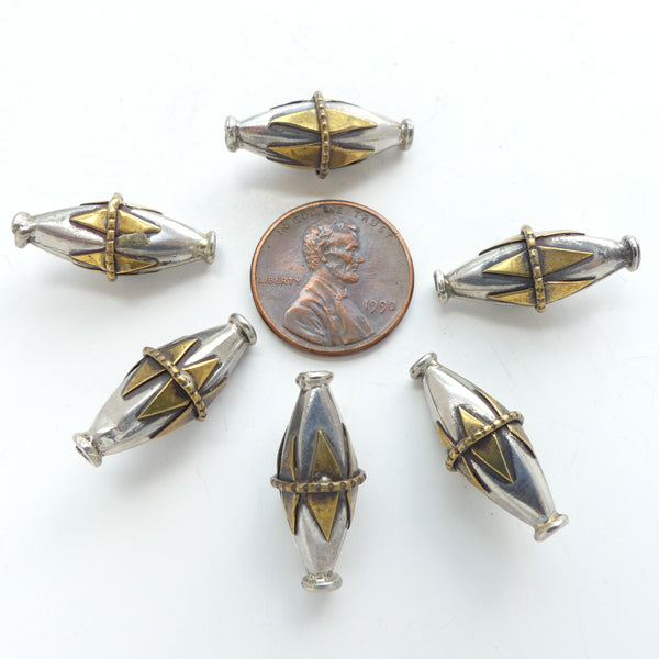 Indian Silver, Vintage Bicones with Brass Accents, 22x9mm, Sold by the Pair