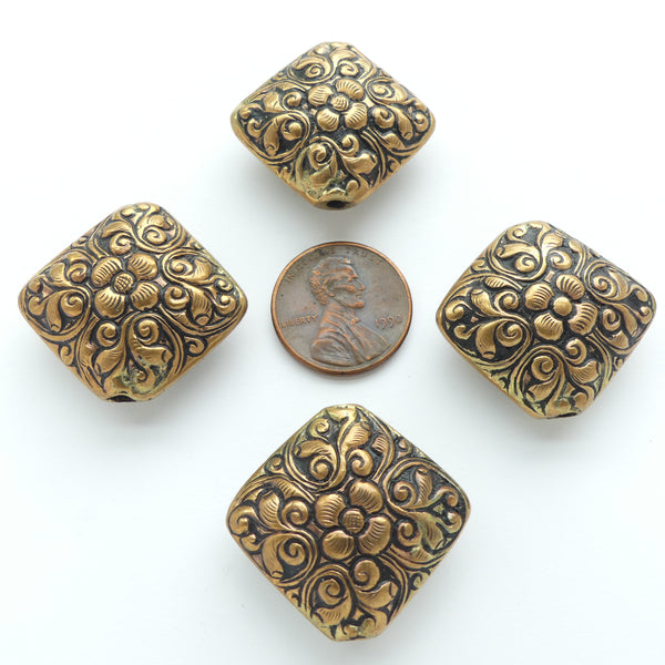 Brass, Diamond Shape with Repousse Floral Designs, 25x25mm, Sold Individually