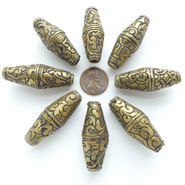 Brass, Large Bicones from Nepal with Floral Decoration, 40x16mm, Sold Individually