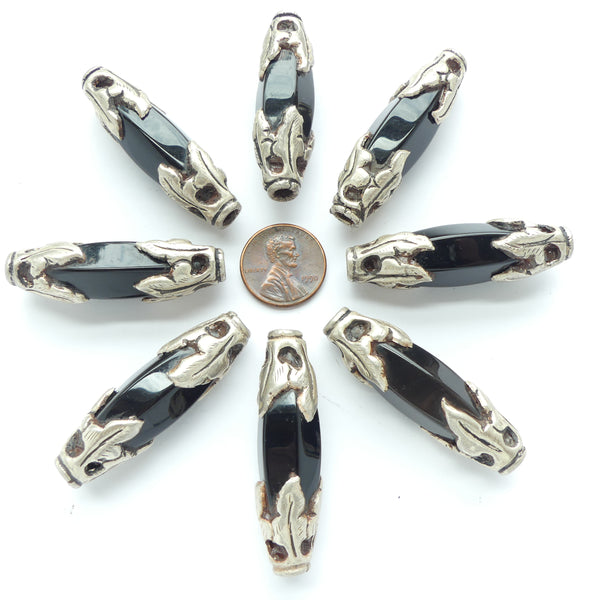 Black Onyx, Faceted Large Ovals with Silver Leaf Decor at Each End, 50x12mm, Sold Individually