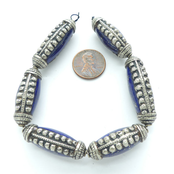 Silver Repousse Decor on Dark Oval Stone Beads 30, 31 & 36mm Long, Set of 6