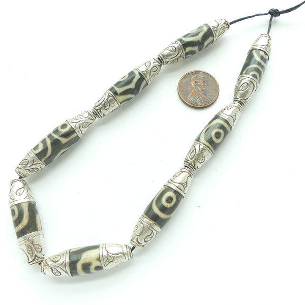 Dzi Bead Replicas, Nepalese with Silver Caps, 35 to 40mm Long, Sold Individually