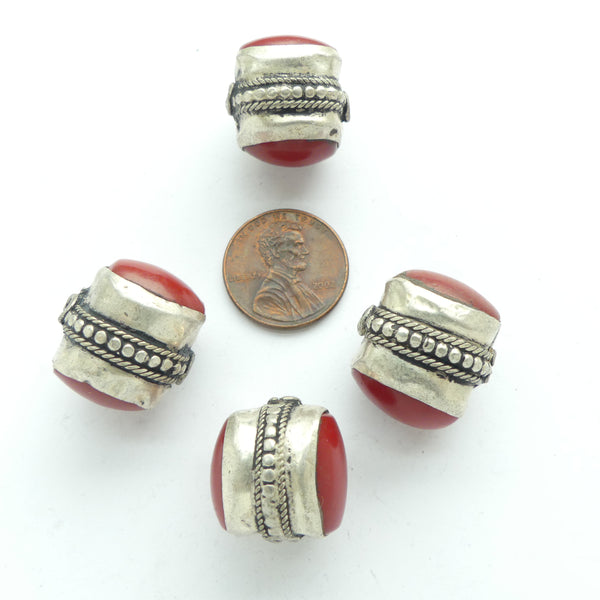 Resin, Red, Bezel Set in Two-sided Bead with Silver, 19x20mm, Sold Individually
