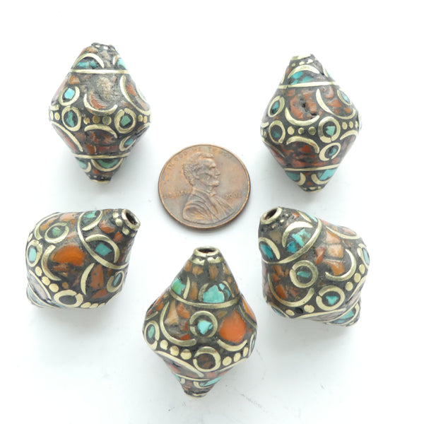 Nepalese Brass Bicones, Inlaid with Turquoise & Coral Chips, 27x20mm, Sold Individually