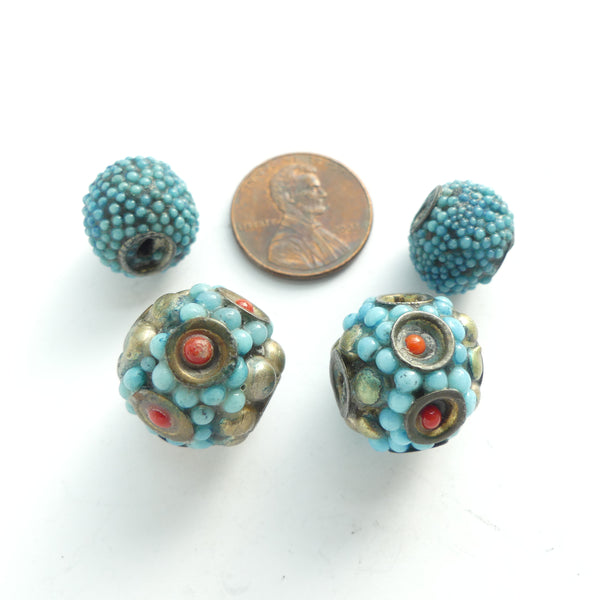 Berry Beads, Turquoise, Two Pairs in Two Sizes, Sold as a Set of 5
