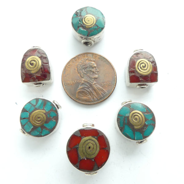 Nepalese Silver with Turquoise Inlay with Brass Spiral, Two Shapes 12mm, Sold as Set of 6