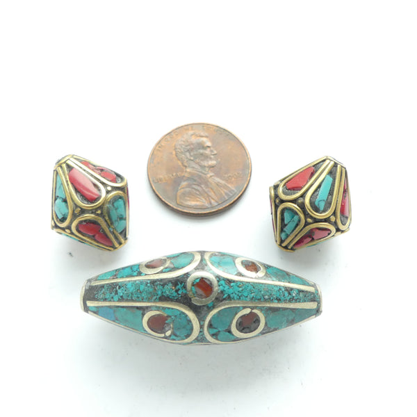 Nepalese Brass with Turquoise & Red Glass Inlay, Set of 3 Beads