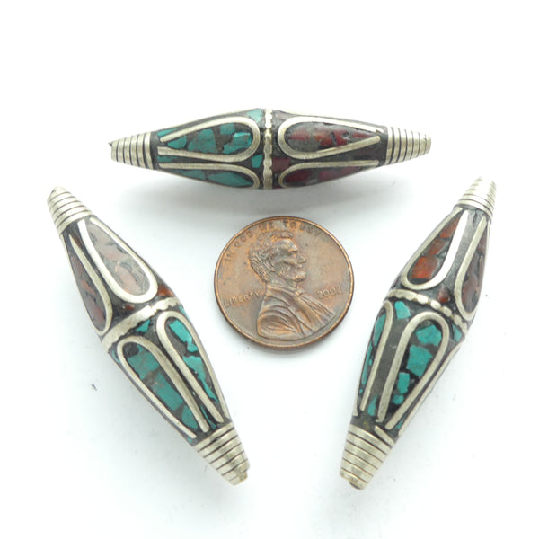 Nepalese Silver Long Bicones with Turquoise & Red Glass Inlay, Sold Individually