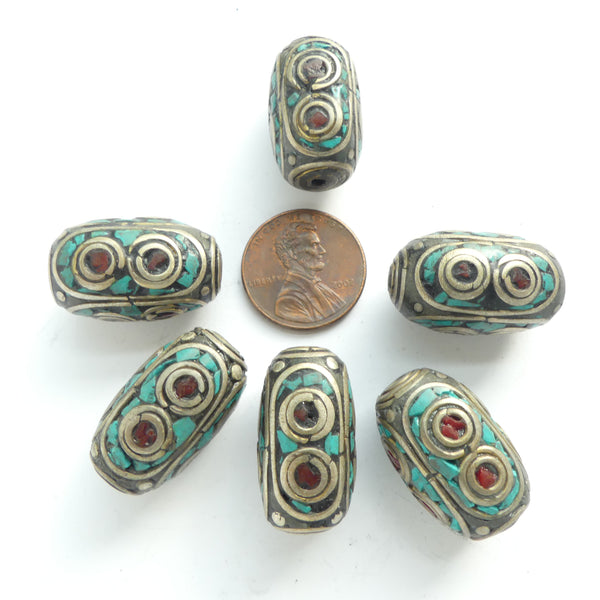 Nepalese, Brass Brick Shape w/ Turquoise & Red Glass Inlay, 22x13mm, Sold Individually