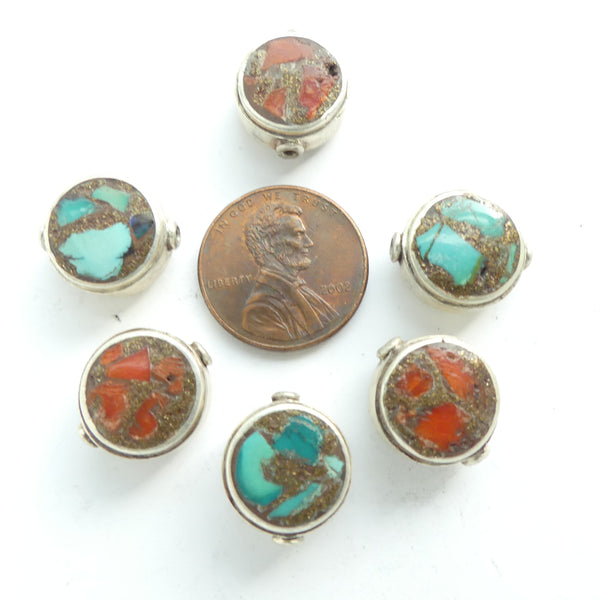 Nepalese Silver Discs Inlaid with Turquoise & Red Glass, 12mm Diameter, Sold as Sets of 2
