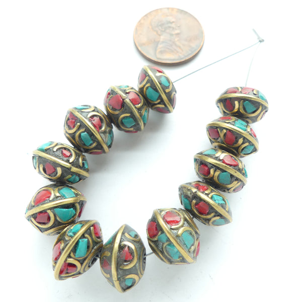 Nepalese Brass Rondelles Inlaid with Turquoise & Red Chips, 7x12mm, Sold In Sets of 2