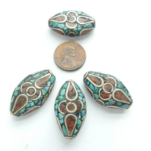 Nepalese, Brass Diamonds Inlaid with Turquoise & Red Glass Chips,28x16mm, Sold Individually
