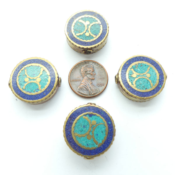 Brass Inlaid with Turquoise & Lapis Resin, Flat Round 22mm Diameter, Sold Individually