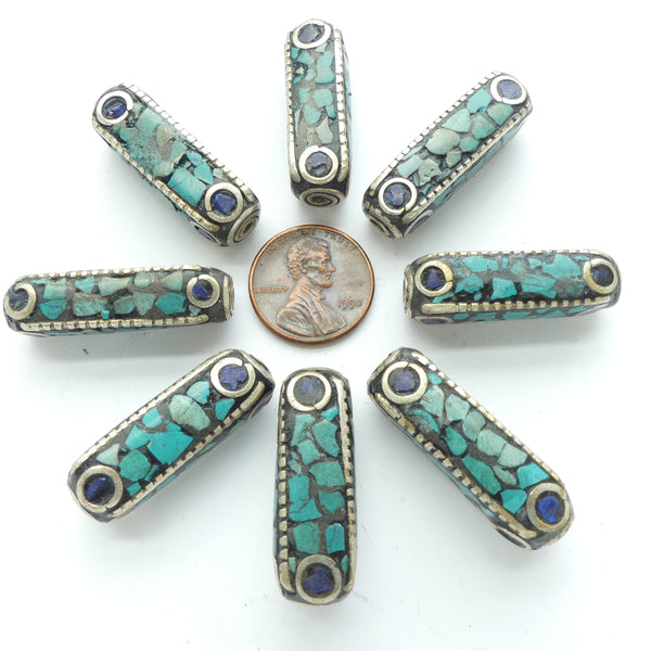 Nepalese Silver 4-Sided Cylinder Beads, Inlaid with Turquoise & Lapis Chips, Sold Individually