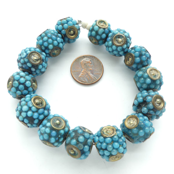 Berry Beads, Round with Turquoise Blue Glass, 15mm Diameter, Sold in Sets of 2
