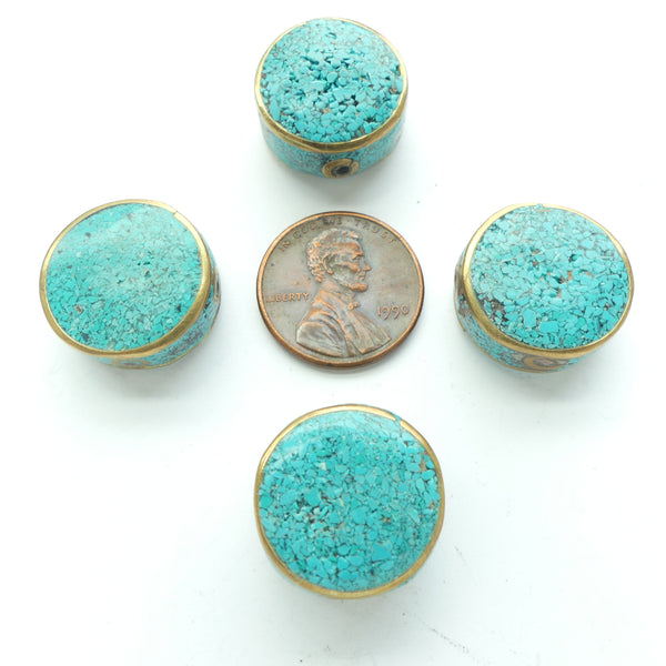 Nepalese Brass with Turquoise/Resin Inlay, Flat Round, 18mm Diameter, Sold Individually