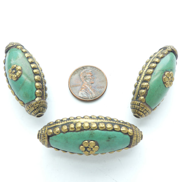 Turquoise Stone Ovals, Embellished with Silver, 40x15mm, Sold Individually