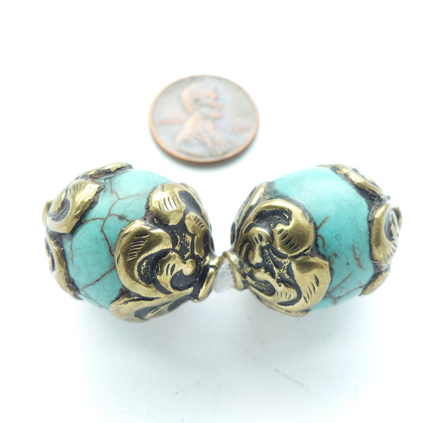 Turquoise Stone, Round 24mm Diameter, Embellished with Silver Repousse Caps, Set of 2