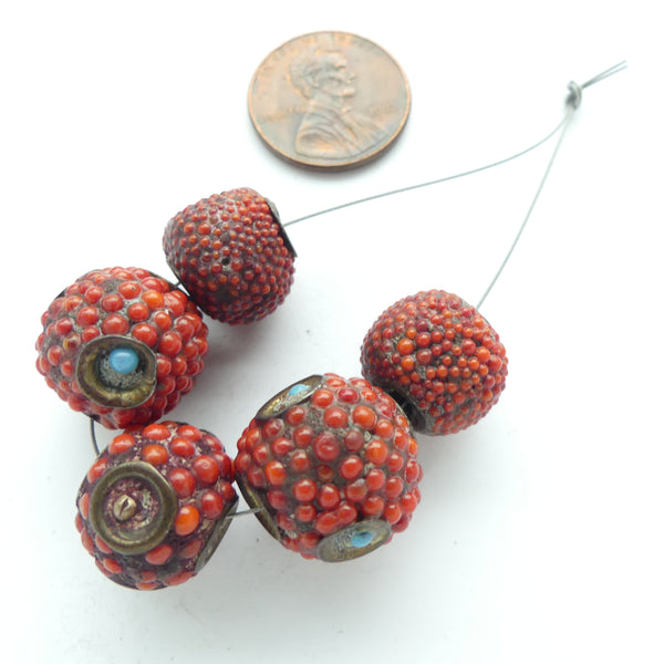 Berry Beads, Tiny Red Glass Drops Embedded in Resin Core with Metal Accents, Set of 5