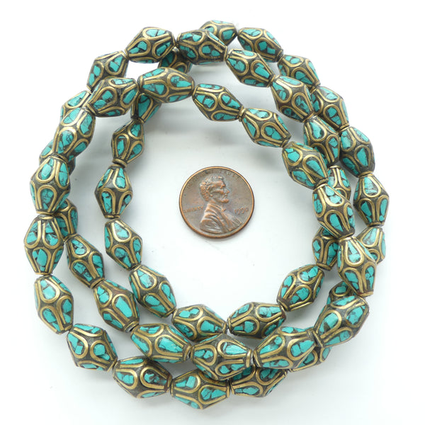 Nepalese, Brass Bicones 12x8mm, Inlaide with Turquoise Chips, Sold in Sets of 5