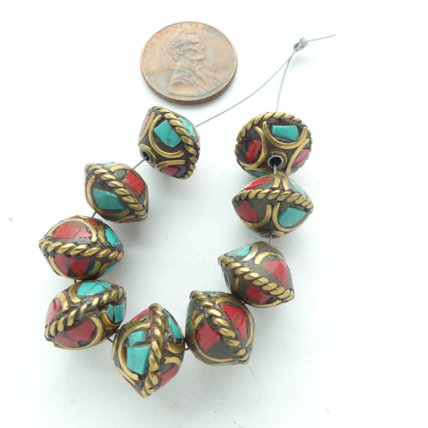 Nepalese Brass Rondelles w/ Turquoise & Red Chip Inlay, 11x12mm, Sold in Sets of 2