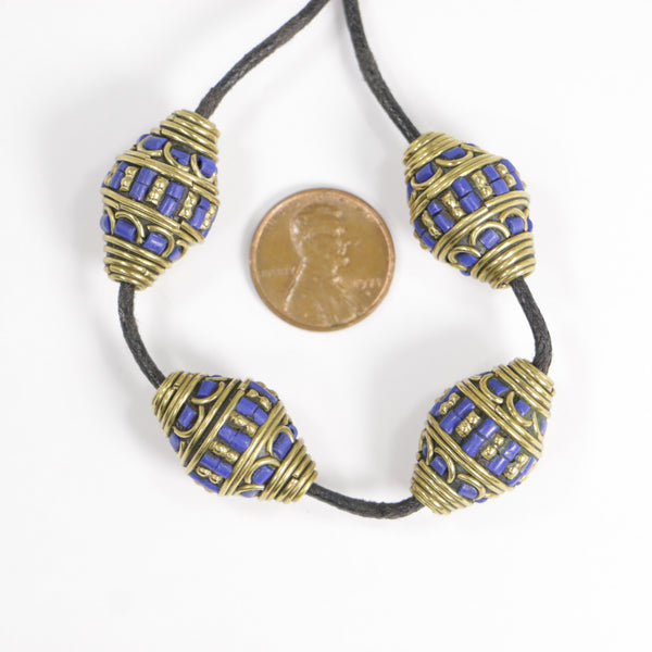 Brass & Lapis Bicone Beads, 22x15mm, Sold Individually