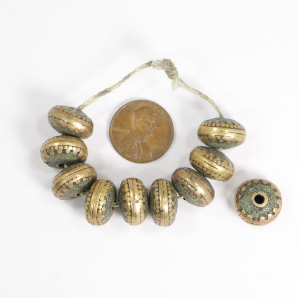 Brass & Turquoise Chips, Thick Rondelles 9x12mm, Sold in Sets of 2 Beads