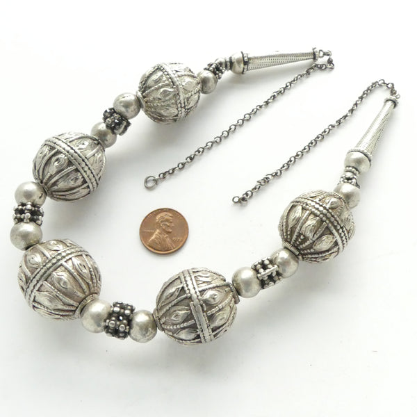 Yemeni Antique Necklace with 5 Large "Badihi" Silver Beads, 23 inches including chain