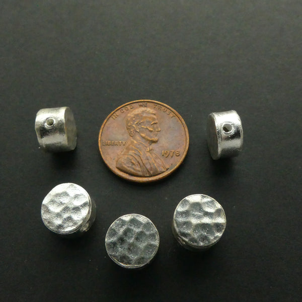 Thai Silver, Hammered Hollow Round Drums 10mm Diameter, 5mm Thick. Sold Individually