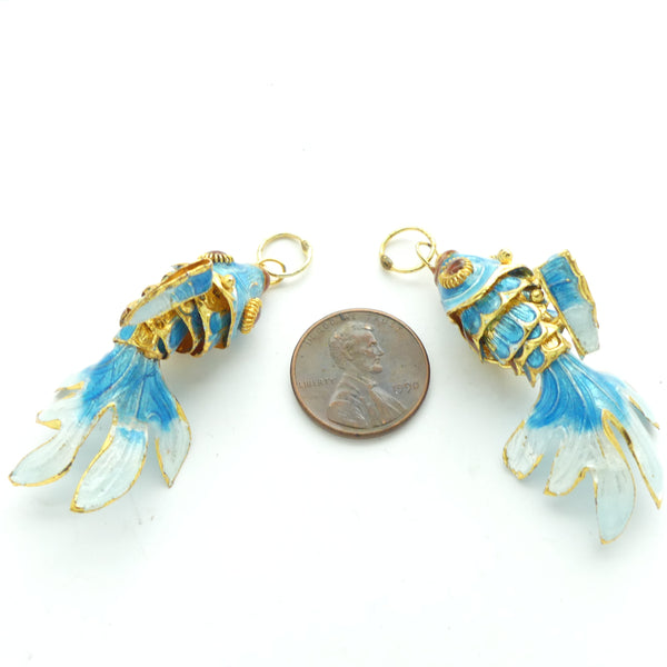 Cloisonne, Vintage Medium Articulated Fantail Fish, Turquoise, 45mm long, Sold Individually