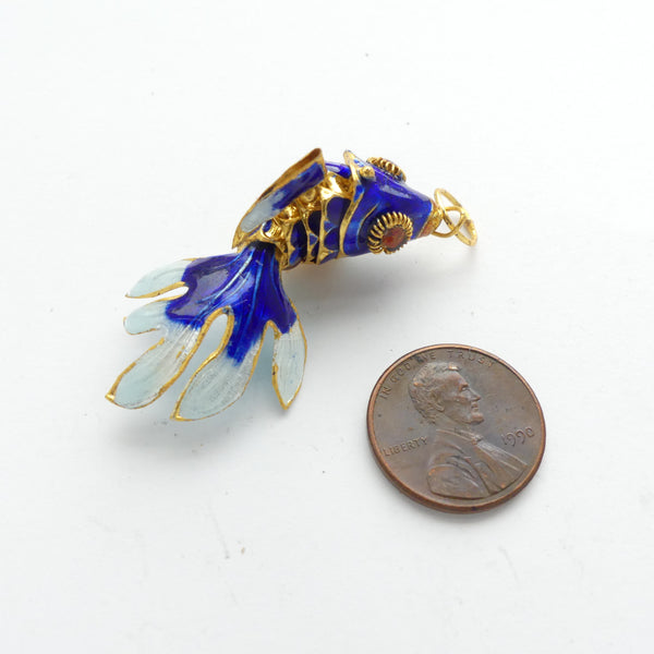 Cloisonne, Vintage Medium Articulated Fantail Fish Pendant, Blue, 45mm, Sold Individually
