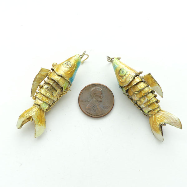 Closionne, Vintage Large Articulated Fish Pendant, Gold & Blue, 50mm long, Sold Individually