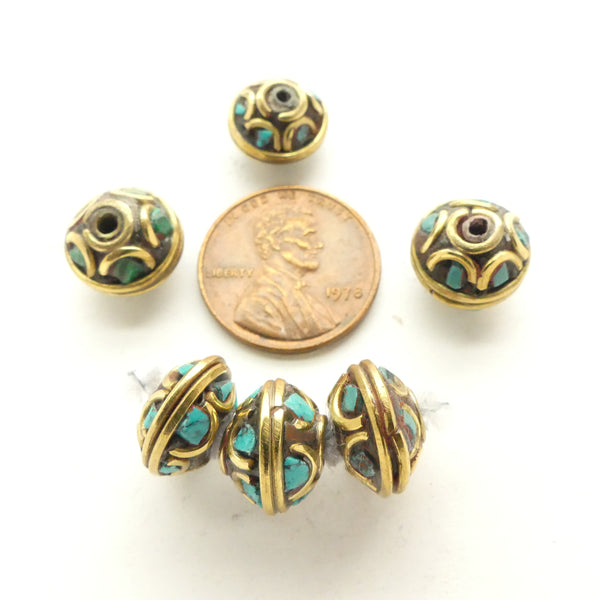 Himalayan Brass Beads with Turquoise Chip Inlay, Rondelles 8x10mm, Sold Individually