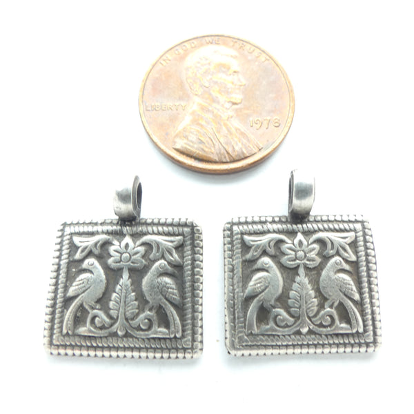 Indian Silver, Vintage Small Pendant, Two Peacocks, 17x19mm, Sold Individually