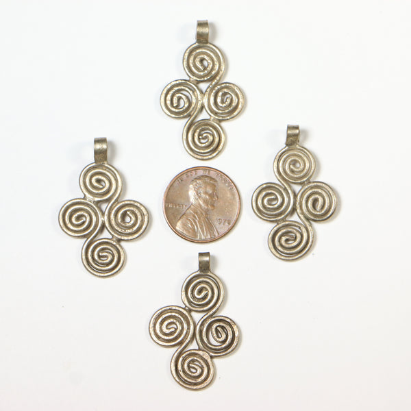 Brass, Pendants, Four Spirals Design, 20x34mm with Loop at the Top, Sold Individually