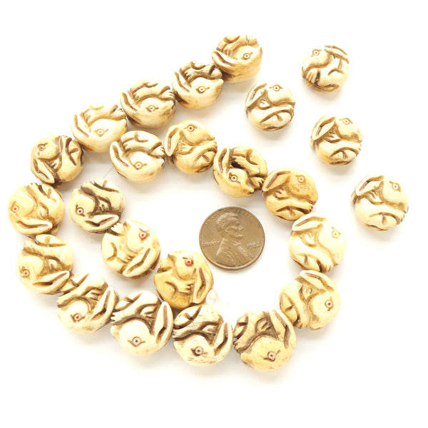 Bone, Bunnies Carved on Both Sides of Coin Shape Beads, 16mm Diameter, Sold in Sets of 4