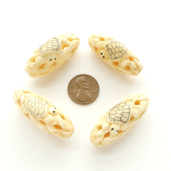 Bone, Long Oval Openwork Bead with Turtles, 38x15mm, Sold individually