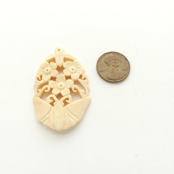 Bone, Pendant with Openwork Butterfly & Flowers Designs, 45mm (1.75") long