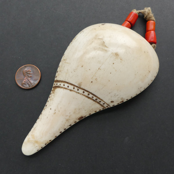 Naga, Chank Shell, Decorated with Dots & 4 Orange Beads, Shell is 5" Long & 3" Wide