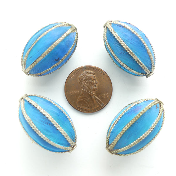 Kingfisher Feather Beads in Silver with Longitudinal Bands of Turquoise Kingfisher Feathers, Sold Individually