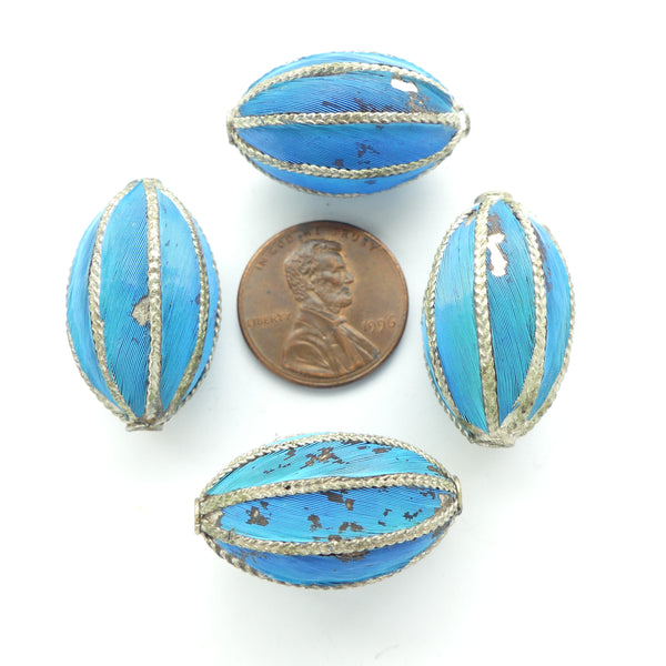 Kingfisher Feather Beads, Silver Ovals with Turquoise Feathers, 25x15mm, Damaged on One Side, Sold Individually