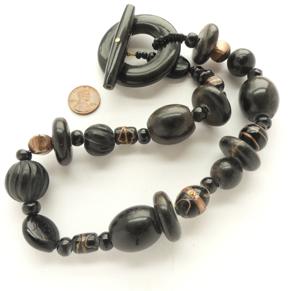 Naga Inspired Necklace, Black Buffalo Horn with Vintage Indian Glass, 18.5 inches long
