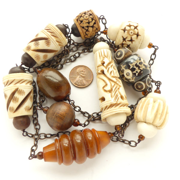 Naga Inspired Necklace, Bone & Horn Beads with Chain, 48 inches Long
