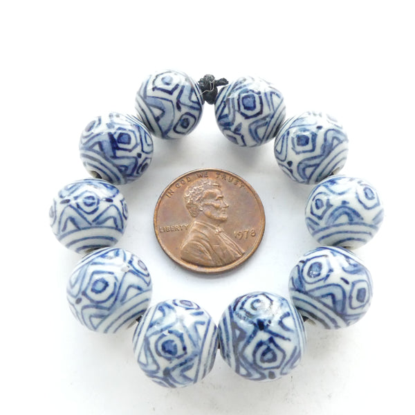 Blue & White Porcelain, Round 12mm, Geometric Design, Sets of 10