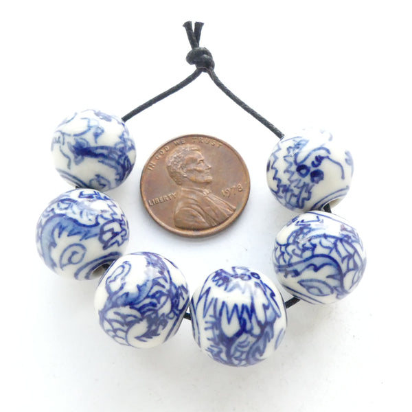 Blue & White Porcelain, Round 16mm with Dragon, Sets of 6 Beads