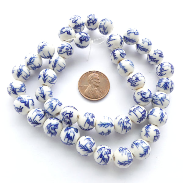 Blue & White Porcelain, Round 10mm with Bird Design, Sets of 12