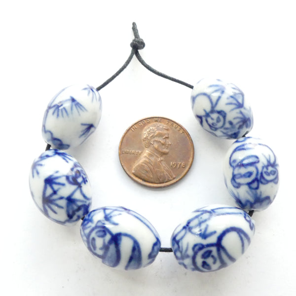 Blue & White Porcelain, Oval with Panda Design, 20x12mm, Sets of 6