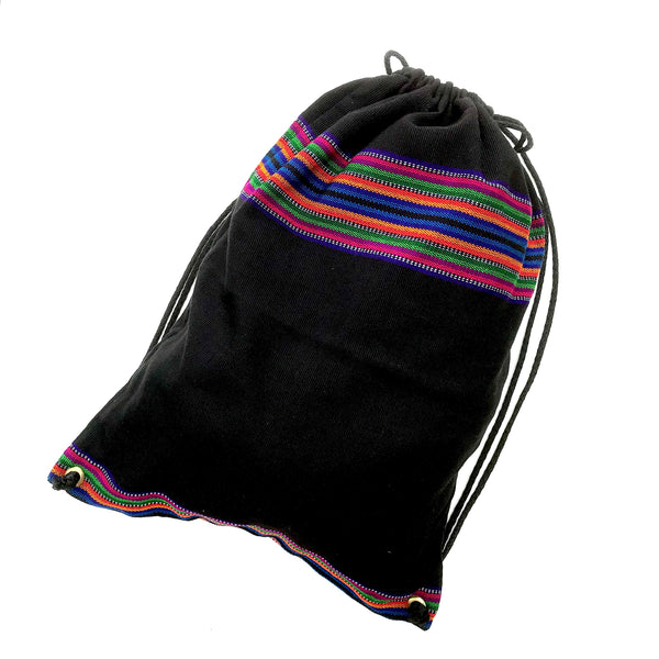 String Backpack, aka "Hobo Bag", Black with Colorful Stripes, 16x13 Inches
